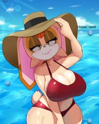 Size: 960x1200 | Tagged: suggestive, artist:kappa_spark, artist:kappaspark, vanilla the rabbit (sonic), lagomorph, mammal, rabbit, anthro, sega, sonic the hedgehog (series), 2021, belly button, bikini, breasts, cleavage, clothes, curvy, eyelashes, female, huge breasts, lidded eyes, looking at you, ocean, outdoors, short tail, sky, smiling, smiling at you, solo, solo female, sun hat, swimsuit, tail, thick thighs, thighs, water, yellow eyes