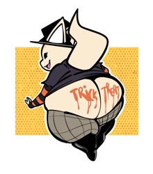 Size: 609x693 | Tagged: suggestive, artist:smokedstacs, fenneko (aggretsuko), canine, fennec fox, fox, mammal, anthro, aggretsuko, sanrio, 2021, abstract background, big tail, body paint, boots, butt, clothes, costume, dot eyes, female, fingerless gloves, fishnet, fishnet stockings, gloves, halloween, hat, headwear, holiday, huge butt, legwear, open mouth, rear view, see-through, shoes, smiling, solo, solo female, stockings, tail, text, witch hat