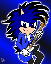 Size: 1552x1941 | Tagged: safe, artist:mrstheartist, oc, oc only, oc:soneb the hedgehog, hedgehog, mammal, anthro, sega, sonic the hedgehog (series), 2021, base used, black outline, clothes, electric guitar, gradient background, guitar, hoodie, looking at you, male, musical instrument, topwear, unzipped