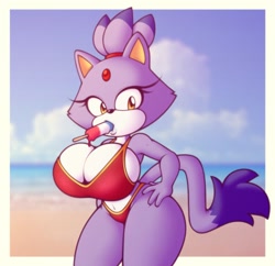 Size: 1500x1450 | Tagged: suggestive, artist:stunnerpony, blaze the cat (sonic), cat, feline, mammal, anthro, sega, sonic the hedgehog (series), 2021, amber eyes, beach, belly button, bikini, breasts, cleavage, clothes, curvy, eyelashes, female, food, fur, hair, hair tie, hand on hip, huge breasts, long tail, looking at you, popsicle, purple body, purple fur, red bikini, red swimsuit, sky, solo, solo female, suggestive eating, swimsuit, tail, thick thighs, thighs