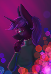 Size: 1640x2360 | Tagged: source needed, safe, artist:stirren, oc, oc:cinder spark, equine, fictional species, mammal, pony, unicorn, anthro, abstract background, female, glasses, looking at you, round glasses, smug, solo, solo female, wetsuit