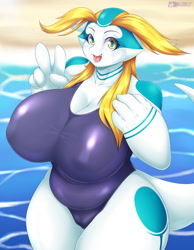 Size: 900x1157 | Tagged: suggestive, artist:mleonheart, oc, oc:aijou, dragon, fictional species, anthro, 2016, beach, big breasts, breasts, cameltoe, clothes, digital art, dragoness, eyelashes, female, gesture, hair, huge breasts, looking at you, nipple outline, ocean, one-piece swimsuit, open mouth, peace sign, sand, solo, solo female, swimsuit, tail, tongue, water, wide hips