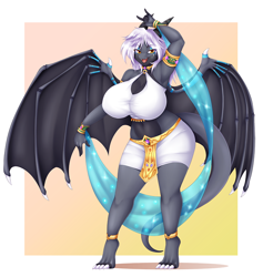 Size: 1214x1280 | Tagged: safe, artist:mleonheart, oc, oc only, dragon, fictional species, anthro, digitigrade anthro, 2016, armpits, arms behind head, big breasts, bottomwear, breasts, claws, clothes, commission, digital art, dragon wings, dragoness, egyptian, eyelashes, female, hair, huge breasts, loincloth, looking at you, open mouth, simple background, skirt, solo, solo female, spread wings, tail, tank top, tongue, topwear, wide hips, wings