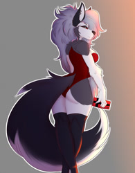 Size: 999x1280 | Tagged: safe, artist:matt838, loona (vivzmind), canine, fictional species, hellhound, mammal, anthro, hazbin hotel, helluva boss, 2021, black outline, breasts, butt, cell phone, clothes, double outline, ears, female, gray hair, hair, long hair, looking at you, looking back, looking back at you, outline, phone, smartphone, solo, solo female, tail, thighs, white outline