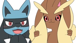 Size: 1280x720 | Tagged: source needed, safe, artist:sum, fictional species, lopunny, lucario, mammal, anthro, nintendo, pokémon, ambiguous gender, anthrofied, black nose, black sclera, colored sclera, digital art, duo, duo ambiguous, ears, fur, open mouth, pink nose, tongue