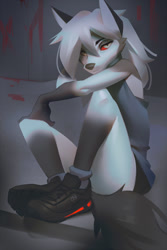 Size: 633x950 | Tagged: safe, artist:miles-df, loona (vivzmind), canine, fictional species, hellhound, mammal, anthro, hazbin hotel, helluva boss, 2021, clothes, ears, female, hair, long hair, looking at you, sneakers, solo, solo female, tail, thighs, white hair