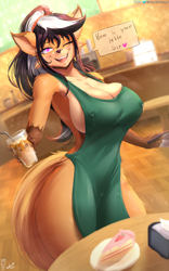 Size: 2170x3469 | Tagged: suggestive, artist:viejillox, oc, oc only, oc:elizabeth fox (viejillox), canine, fox, mammal, anthro, 2021, apron, big breasts, black body, breasts, clothes, dialogue, ear fluff, female, fluff, hair, high res, i mean breast milk, lactation, milk, multicolored hair, naked apron, nudity, partial nudity, solo, solo female, tail, tail fluff, talking, thick thighs, thighs, two toned hair, vixen, white hair