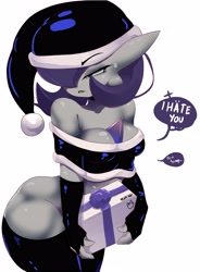 Size: 2976x4034 | Tagged: suggestive, artist:ashraely_, part of a set, raven (dc comics), fictional species, gardevoir, anthro, nintendo, pokémon, teen titans, 2020, anthrofied, bedroom eyes, belly button, blushing, bottomless, breasts, christmas, christmas gift, clothes, covering crotch, dialogue, digital art, evening gloves, eyelashes, female, furrified, gloves, hair, hat, headwear, holding, holiday, legwear, long gloves, looking away, nudity, one eye closed, partial nudity, pokéfied, santa hat, simple background, solo, solo female, species swap, speech bubble, stockings, talking, text, thighs, tsundere, unamused, wide hips