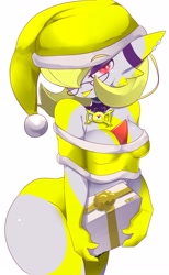 Size: 2480x4034 | Tagged: suggestive, artist:ashraely_, part of a set, oc, oc only, oc:daffodil squeaks, fictional species, gardevoir, humanoid, nintendo, pokémon, 2020, bedroom eyes, belly button, blushing, bottomless, breasts, christmas, christmas gift, clothes, covering crotch, digital art, eyelashes, glasses, hair, hat, headwear, holiday, intersex, intersex female, looking at you, nudity, one eye closed, partial nudity, santa hat, simple background, solo, solo female, tank top, thighs, topwear, wide hips