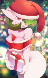 Size: 2480x4034 | Tagged: suggestive, artist:ashraely_, part of a set, fictional species, gardevoir, humanoid, nintendo, pokémon, 2020, bedroom eyes, blushing, bottomless, breasts, christmas, christmas gift, clothes, covering crotch, digital art, eyelashes, female, hair, hat, headwear, holiday, looking at you, nudity, one eye closed, open mouth, partial nudity, santa hat, solo, solo female, tank top, thighs, tongue, topwear, wide hips