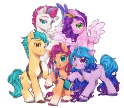 Size: 2556x2230 | Tagged: safe, artist:miomawla, hitch trailblazer (mlp), izzy moonbow (mlp), pipp petals (mlp), sunny starscout (mlp), zipp storm (mlp), earth pony, equine, fictional species, mammal, pegasus, pony, unicorn, feral, hasbro, my little pony, my little pony g5, spoiler, spoiler:my little pony g5, 2021, chest fluff, feathered wings, feathers, female, fluff, grin, group, high res, hooves, horn, lidded eyes, looking at you, mane five (mlp g5), mare, one eye closed, signature, smiling, tail, unshorn fetlocks, wings, winking