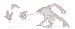 Size: 1280x498 | Tagged: safe, artist:caraid, amphibian, bird, frog, anthro, feral, lifelike feral, 2021, ambiguous gender, caught, feathers, flying, group, hunting, long tongue, male, male focus, monochrome, muscles, non-sapient, open mouth, realistic, saliva, saliva trail, signature, simple background, solo focus, spread wings, tongue, webbed feet, werebeast, white background, wings