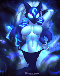 Size: 660x843 | Tagged: safe, artist:kiliankuro, kindred (league of legends), bovid, caprine, lamb, mammal, sheep, anthro, league of legends, 2021, belly button, body markings, breasts, cleavage, clothes, commission, ears, featureless breasts, female, fur, hair, loincloth, mask, partial nudity, short tail, solo, solo female, tail, thick thighs, thighs, topless, white body, white fur, white hair