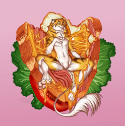 Size: 1985x2000 | Tagged: safe, artist:flowsups, artist:tuokh666, collaboration, big cat, feline, hybrid, liger, lion, mammal, tiger, anthro, digitigrade anthro, 2021, ambiguous gender, cheese, commission, featureless crotch, food, fur, hair, male, mane, paw pads, paws, sandwich, solo, solo ambiguous, solo male, stripes, white body, white fur, ych result, yellow body, yellow fur