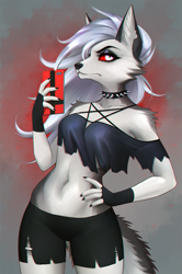 Size: 849x1280 | Tagged: safe, artist:naryumi, loona (vivzmind), canine, fictional species, hellhound, mammal, anthro, hazbin hotel, helluva boss, 2021, breasts, cell phone, clothes, ears, female, hair, long hair, phone, silver hair, smartphone, solo, solo female, tail, thighs