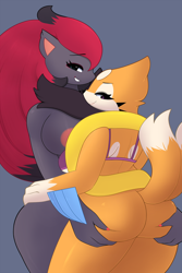 Size: 1080x1620 | Tagged: dead source, suggestive, artist:pinkcappachino, fictional species, floatzel, mammal, zoroark, anthro, nintendo, pokémon, anthro/anthro, anthrofied, areola, big breasts, big butt, bottomless, breasts, butt, clothes, duo, duo female, ear fluff, female, female/female, females only, fluff, hair, long hair, looking at you, looking back, looking back at you, nudity, partial nudity, red hair, smiling, smiling at you, tail, tail fluff, thick thighs, thighs
