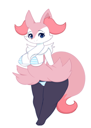 Size: 900x1260 | Tagged: dead source, suggestive, artist:pinkcappachino, braixen, fictional species, shiny pokémon, anthro, digitigrade anthro, nintendo, pokémon, big breasts, bikini, breasts, clothes, ear fluff, female, fluff, looking at you, smiling, smiling at you, solo, solo female, starter pokémon, swimsuit, tail, thick thighs, thighs