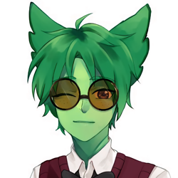 Size: 1600x1600 | Tagged: artist needed, safe, dorky (teen-z), animal humanoid, canine, dog, fictional species, mammal, humanoid, teen-z, bow, bow tie, clothes, ears, glasses, hair, male, one eye closed, round glasses, simple background, solo, solo male, white background