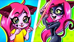 Size: 1280x720 | Tagged: safe, official art, pinky (teen-z), animal humanoid, cat, feline, fictional species, mammal, humanoid, teen-z, big eyes, clothes, cute, duo, ears, fangs, female, laser, latex suit, mask, older, open mouth, paradox, self paradox, sharp teeth, solo, solo female, tail, teeth, tongue, tongue out, topwear, whiskers, younger