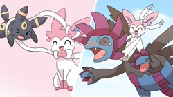Size: 1280x720 | Tagged: safe, artist:sum, eeveelution, fictional species, hydreigon, mammal, sylveon, umbreon, feral, nintendo, pokémon, 2021, black nose, blushing, digital art, ears, eyes closed, female, fur, group, male, open mouth, paws, picture-in-picture, sweat, sweatdrop, tail, this will end in death, tongue, trio