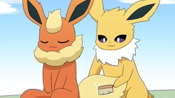 Size: 1280x720 | Tagged: source needed, safe, artist:sum, eeveelution, fictional species, flareon, jolteon, mammal, feral, nintendo, pokémon, 2021, ambiguous gender, black nose, digital art, duo, duo ambiguous, ears, eyes closed, fluff, fur, grooming, hair, neck fluff, paws, tail