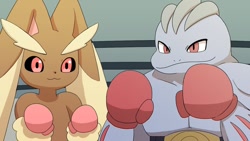 Size: 1280x720 | Tagged: source needed, safe, artist:sum, fictional species, lopunny, machamp, mammal, nintendo, pokémon, 2021, ambiguous gender, black sclera, boxing gloves, clothes, colored sclera, digital art, duo, duo ambiguous, ears, fur, gloves, pink nose