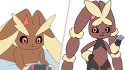 Size: 1280x720 | Tagged: source needed, safe, artist:sum, fictional species, lopunny, mammal, mega lopunny, mega pokémon, nintendo, nintendo switch, pokémon, 2021, ambiguous gender, black sclera, colored sclera, digital art, ears, fur, picture-in-picture, pink nose, solo, solo ambiguous