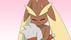 Size: 1280x720 | Tagged: source needed, safe, artist:sum, fictional species, lopunny, mammal, raboot, nintendo, pokémon, 2021, ambiguous gender, black sclera, blushing, clothes, colored sclera, cuddling, digital art, duo, duo ambiguous, ears, eyes closed, fur, hug, pink nose, starter pokémon, sweat, sweatdrop
