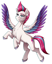 Size: 1024x1259 | Tagged: safe, artist:zoe-975, zipp storm (mlp), equine, fictional species, mammal, pegasus, pony, feral, cc by-nc-nd, creative commons, hasbro, my little pony, my little pony g5, spoiler, spoiler:my little pony g5, 2021, chest fluff, colored wingtips, eyelashes, feathered wings, feathers, female, fluff, flying, looking at you, mare, simple background, smiling, solo, solo female, spread wings, tail, transparent background, wings