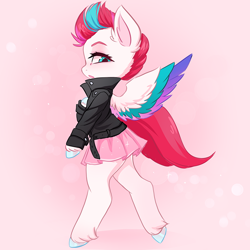 Size: 800x800 | Tagged: safe, artist:valeria_fills, zipp storm (mlp), equine, fictional species, mammal, pegasus, pony, anthro, hasbro, my little pony, my little pony g5, spoiler, spoiler:my little pony g5, 2021, abstract background, anthrofied, bipedal, bottomwear, clothes, colored wingtips, cute, ear fluff, feathered wings, feathers, female, fluff, hooves, jacket, mare, skirt, solo, solo female, spread wings, topwear, unshorn fetlocks, wings