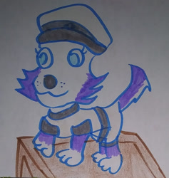 Size: 1280x1352 | Tagged: safe, artist:dexstewart13, everest (paw patrol), canine, dog, husky, mammal, feral, nickelodeon, paw patrol, 2021, clothes, cosplay, crossover, esdeath (akame ga kill), female, hat, headwear, irl, photo, photographed artwork, solo, solo female, tail, traditional art
