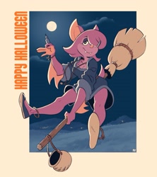 Size: 3200x3600 | Tagged: safe, artist:fox-popvli, oc, oc only, oc:batty mac ialtog, bat, mammal, anthro, 2021, bucket, cute, cute little fangs, eyeshadow, fangs, female, flying, flying broomstick, full moon, hair, hair over one eye, halloween, high res, holiday, looking at you, makeup, moon, sharp teeth, smiling, smiling at you, solo, solo female, teeth, witch