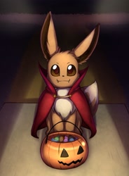 Size: 1438x1959 | Tagged: safe, artist:otakuap, eevee, eeveelution, fictional species, mammal, feral, nintendo, pokémon, 2021, 2d, ambiguous gender, black nose, candy, clothes, costume, cute, digital art, ears, fluff, food, fur, halloween, halloween costume, holiday, looking at you, neck fluff, pumpkin bucket, sitting, solo, solo ambiguous, tail, trick or treat