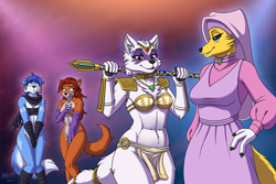 Size: 1620x1080 | Tagged: safe, artist:heresyart, alopex (tmnt), krystal (star fox), maid marian (robin hood), arctic fox, canine, fictional species, fox, mammal, renamon, anthro, digimon, disney, nintendo, robin hood (disney), star fox, teenage mutant ninja turtles, 2021, blue hair, breasts, clothes, clothes swap, cosplay, crossover, ears, female, females only, group, hair, looking at you, red hair, smiling, smiling at you, tail, thick thighs, thighs, vixen