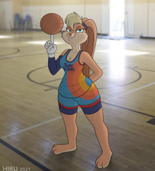 Size: 1155x1280 | Tagged: safe, artist:hirurux, lola bunny (looney tunes), lagomorph, mammal, rabbit, anthro, digitigrade anthro, looney tunes, space jam, space jam: a new legacy, warner brothers, 2021, 3 toes, arms behind back, ball, basketball, bedroom eyes, bottomwear, breasts, buckteeth, clothes, digital art, ears, eyelashes, female, fur, gloves, hair, looking at you, on model, paws, pink nose, shirt, shorts, solo, solo female, tail, teeth, thighs, topwear, wide hips