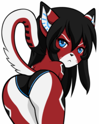 Size: 500x625 | Tagged: suggestive, artist:evov1, oc, oc only, cat, feline, mammal, anthro, 2016, animated, blinking, butt, butt shake, cameltoe, chibi, clothes, commission, digital art, ears, eyelashes, fur, gif, hair, looking at you, looking back, looking back at you, panties, partial nudity, rear view, simple background, tail, thighs, topless, underwear, white background, wide hips