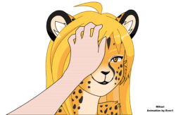 Size: 750x489 | Tagged: safe, artist:evov1, oc, oc only, oc:mihari, cheetah, feline, human, mammal, anthro, 2016, 2d, 2d animation, animated, black nose, digital art, duo, ear fluff, ears, eyelashes, eyes closed, female, fluff, fur, gif, male, petting, purring, simple background, spotted body, spotted fur