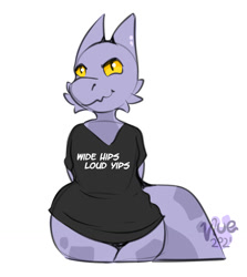 Size: 1144x1280 | Tagged: safe, artist:maynara, fictional species, kobold, reptile, anthro, bottomless, clothes, female, nudity, partial nudity, shirt, solo, solo female, tail, thick thighs, thighs, topwear, wide hips