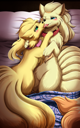 Size: 2787x4409 | Tagged: safe, artist:pridark, oc, oc only, oc:leyla, fictional species, ninetales, feral, nintendo, pokémon, blanket, blushing, claws, collar, commission, cuddling, duo, duo female, female, females only, fluff, happy, hug, licking, lying down, one eye closed, paws, pillow, teeth, tongue, tongue out