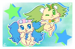 Size: 2600x1700 | Tagged: safe, artist:neroangero_, peridot (jewelpet), sapphie (jewelpet), arthropod, butterfly, canine, cavalier king charles spaniel, dog, insect, mammal, papillon, spaniel, semi-anthro, jewelpet (sanrio), sanrio, duo, duo female, ears, female, females only, garland, tail