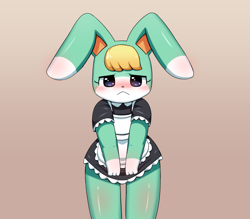 Size: 1162x1016 | Tagged: safe, artist:sum, sasha (animal crossing), lagomorph, mammal, rabbit, anthro, animal crossing, animal crossing: new horizons, nintendo, 2021, bedroom eyes, blushing, clothes, crossdressing, digital art, dress, ears, embarrassed, femboy, fur, hair, looking at you, maid outfit, male, solo, solo male