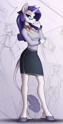Size: 562x1100 | Tagged: safe, artist:yakovlev-vad, rarity (mlp), equine, fictional species, mammal, pony, unicorn, anthro, unguligrade anthro, friendship is magic, hasbro, my little pony, 2021, anthrofied, blue eyes, bottomwear, breasts, clothes, cloven hooves, digital art, ears, female, fur, glasses, hair, hooves, horn, leonine tail, mane, mare, pencil, purple hair, purple mane, shirt, skirt, solo, solo female, standing, tail, tail tuft, topwear, white body, white fur