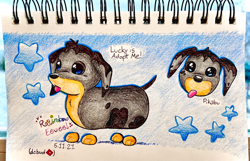 Size: 3808x2459 | Tagged: safe, artist:rainbow eevee, canine, dog, mammal, disney, roblox, adopt me, blue background, cute, high res, lucky (tiny ones transport service, puppy, silly, simple background, stars, text, tongue, tongue out, traditional art, young