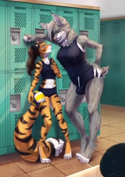 Size: 905x1280 | Tagged: suggestive, artist:poof-poof, oc, oc:alex marx, big cat, feline, lynx, mammal, tiger, anthro, digitigrade anthro, ball, bottomwear, clothes, crotch bulge, female, indoors, intersex, intersex female, locker room, midriff, nipple outline, shorts, size difference, smiling, tank top, topwear, volleyball
