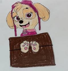 Size: 959x1009 | Tagged: safe, artist:lycanrocks2166, skye (paw patrol), canine, cockapoo, dog, mammal, semi-anthro, nickelodeon, paw patrol, clothes, ears, female, fetish, foot fetish, goggles, jacket, paw pads, paws, soles, solo, solo female, toes, topwear, traditional art