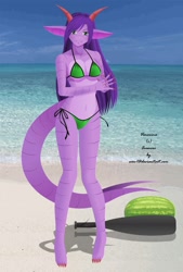 Size: 864x1280 | Tagged: safe, artist:evov1, oc, oc only, dragon, fictional species, anthro, digitigrade anthro, 2010, baseball bat, beach, belly button, bikini, blushing, breasts, clothes, digital art, dragoness, eyelashes, female, food, fruit, hair, looking at you, pose, scales, solo, solo female, swimsuit, tail, thighs, watermelon, wide hips