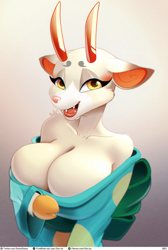 Size: 1250x1860 | Tagged: safe, artist:don-ko, shino (animal crossing), cervid, deer, mammal, anthro, animal crossing, animal crossing: new horizons, nintendo, 2021, absolute cleavage, big breasts, breasts, cleavage, clothes, ears, featureless breasts, female, horns, huge breasts, lidded eyes, looking at you, open mouth, smiling, smiling at you, solo, solo female