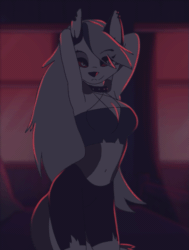 Size: 543x720 | Tagged: safe, artist:dark_nurse, loona (vivzmind), canine, fictional species, hellhound, mammal, anthro, hazbin hotel, helluva boss, 2021, animated, big breasts, breasts, clothes, dancing, ears, female, gif, gray hair, hair, long hair, looking at you, smiling, smiling at you, solo, solo female, tail, thighs