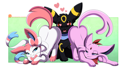 Size: 3509x1950 | Tagged: suggestive, artist:pridark, oc, oc:cipher (merlow), oc:nova (merlow), oc:rose (merlow), eeveelution, espeon, fictional species, mammal, sylveon, umbreon, feral, nintendo, pokémon, between butts, black body, black fur, black nose, blue eyes, blushing, booty sandwich, border, butt, butt bump, butt shake, clothes, commission, cute, cute little fangs, dominant, dominant female, eyelashes, face down ass up, faceful of ass, fangs, female, feral/feral, fur, group, heart, imminent sex, love heart, male, male/female, open mouth, patreon, patreon logo, purple body, purple eyes, purple fur, red eyes, ribbons (body part), sandwiched, scarf, simple background, smiling, tail, teasing, teeth, trio, white background, white body, white border, white fur