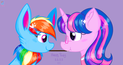 Size: 2111x1111 | Tagged: safe, artist:rainbow eevee, rainbow dash (mlp), oc, oc only, oc:hsu amity, oc:rainbow eevee, alicorn, eevee, eeveelution, equine, fictional species, mammal, pokémon pony, pony, feral, friendship is magic, hasbro, my little pony, nintendo, pokémon, 2021, blue body, blushing, digital art, duo, duo female, female, female/female, females only, glasses, hair, heart, interspecies, looking at each other, pink body, pink eyes, pocky, purple eyes, rainbow hair, simple background, sparkles, text
